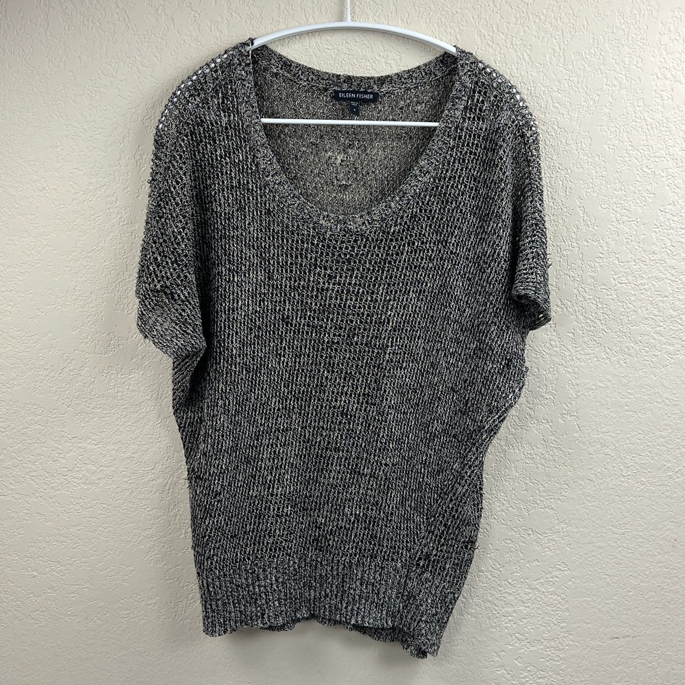 Eileen Fisher Sweater Womens Small Black Short Sleeve Linen/Wool Knit Marled Top